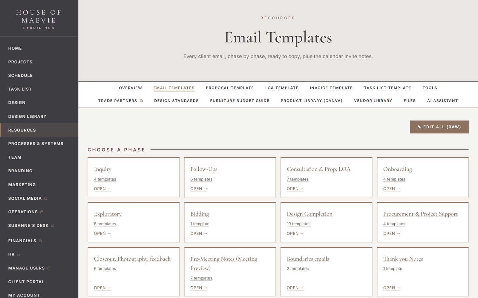 Client email templates for every phase, ready to copy.