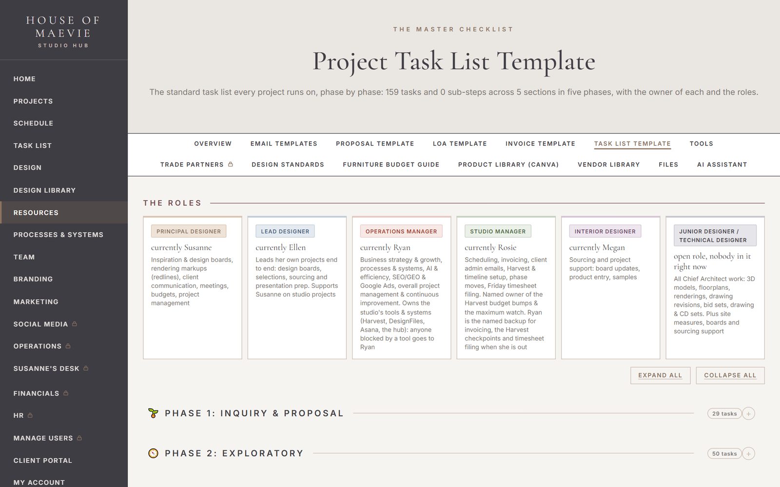 The project task list every project runs on: more than 150 tasks across five phases, each with its owner.