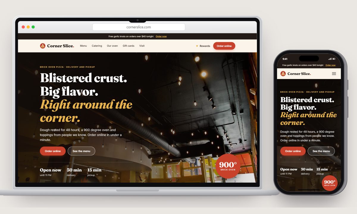 The Corner Slice, a pizzeria demo on a laptop and a phone