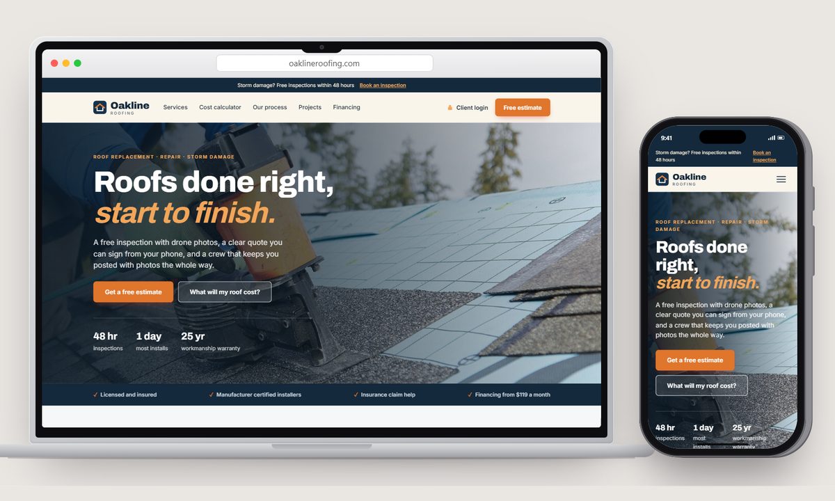 The Oakline, a roofing company demo on a laptop and a phone