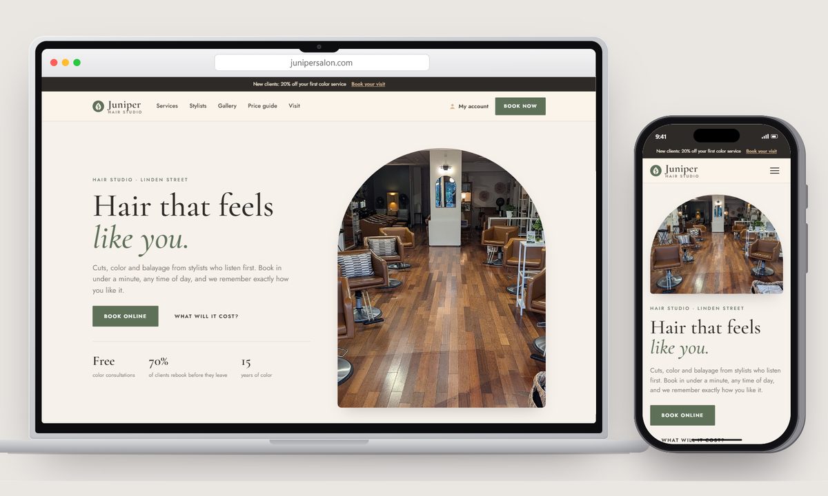 The Juniper, a hair salon demo on a laptop and a phone